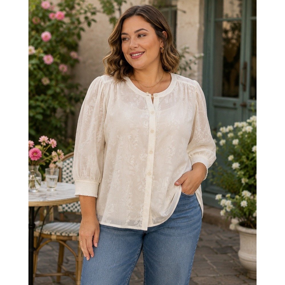 Chicos Ivory Embroidered Cross Stitch Button Down Blouse Puff Sleeve Size 2.5 14
